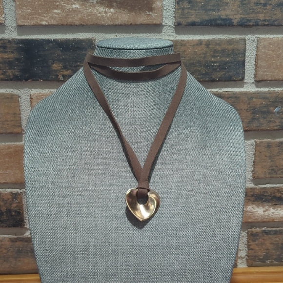 Large Statement Leather & Gold-Tone Heart Necklace – Double Strand Cord - Picture 2 of 14